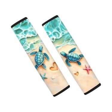 Imagem de gearider Capas de cinto de segurança para carro tartaruga marinha capas de alça de ombro para carro pacote com 2 almofadas de cinto de assento ajuste universal Sedan SUV Van estilo litorâneo decoração