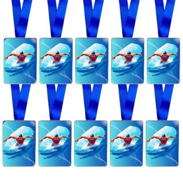 Imagem de Kit 100 Medalhas Personalizado Retangular De Metal Com Fita Azul - Esportes e Comemorações (Natação)