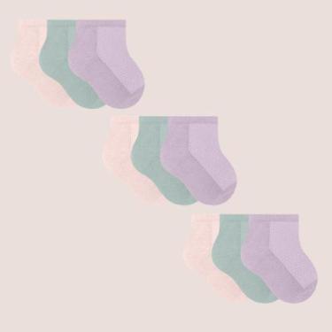 Imagem de Kit 9 Pares De Meias Selene Infantil Cano Curto Algodão, Salmão, Lilás