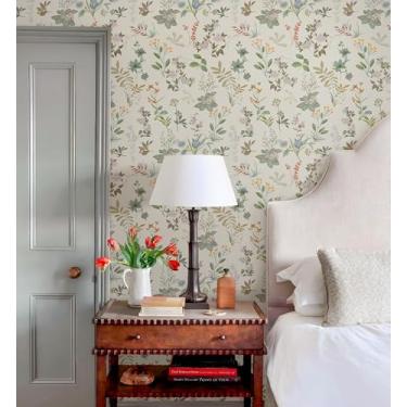 Imagem de NEKOKOYA Papel de parede descasque e cole bege floral 45 x 1,201 cm papel de contato com folhas autoadesivo vintage Boho Botanical Farmhouse papel de parede para decoração de armário de quarto