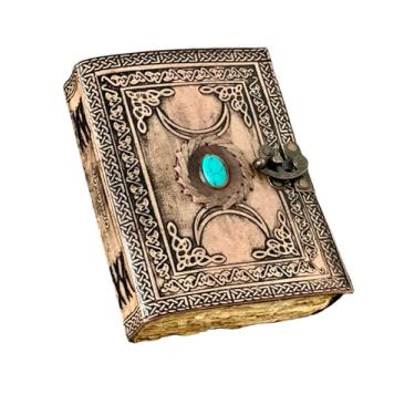 Imagem de Diário de couro de lua tripla com pedra turquesa, tamanho A5, 200 páginas vintage, cadeado de latão, caderno de escrita feito à mão