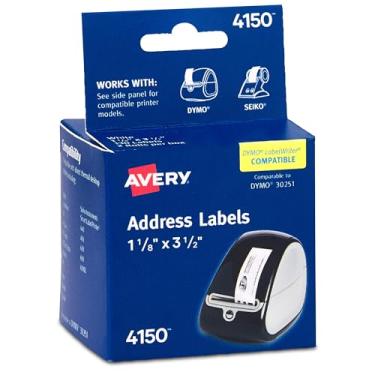 Imagem de Etiquetas AVERY Multi-Purpose para impressoras de etiquetas, 1,125 x 3,5 polegadas, branco, dois rolos de 130 (04150), 1 1/8" x 3 1/2"