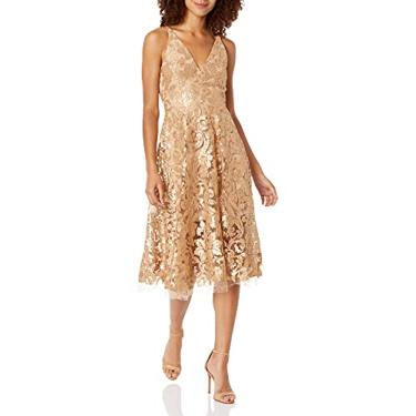 Imagem de Dress the Population Vestido midi feminino Blair com caimento profundo e flare, Ouro/Nude, GG