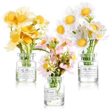 Imagem de PartyKindom 3 mini vasos de flores para decoração de painel de carro, flores artificiais em vaso de vidro, acessórios fofos de carro para mulheres