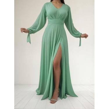 Imagem de Vestido Longo Festa Madrinha Manga Aberta Com Fenda E Decote - Casual 