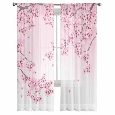 Imagem de Cortinas semitransparentes 213,4 cm C, cortinas retrô flor de cerejeira rosa plantas arte gradiente janela tratamentos cortina filtro de luz para sala de estar, cozinha, quarto, decoração, 2 painéis