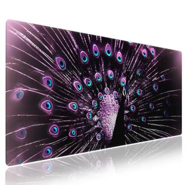 Imagem de Tapete de mouse para jogos XXL estendido com bordas costuradas 80 x 29 cm - lindo pavão roxo preto, superfície de tecido liso, base de borracha antiderrapante natural, tapete de mesa grande para PC