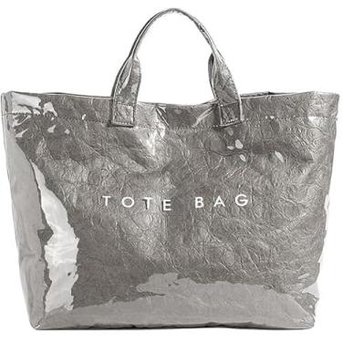 Imagem de Lushandy Sacola feminina de PVC com estampa de letras, sacolas grandes de papel kraft de plástico, bolsa Hobo de designer transparente, Cinza 02, One Size