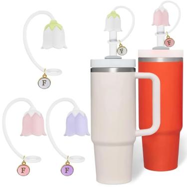 Imagem de 3 peças para tampa de canudo Stanley Cup com pingente de letra, 10 mm silicone tulipa flor palha tampas tampa tampa tampas de palha para copos Stanley garrafa de água simples moderno Yeti Hydroflask