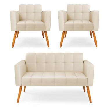 Imagem de Kit 1 Sofá Namoradeira E 2 Poltronas Elisa Corino Bege Pés Palito Castanho - D'rossi