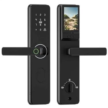 Imagem de Fechadura inteligente com câmera e tela LCD – Controle de aplicativo WiFi/Bluetooth, impressão digital, teclado sensível ao toque, cartão IC, chave mecânica, olho mágico digital, preto