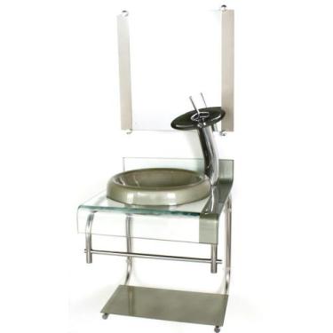 Imagem de Gabinete de vidro 40cm para banheiro curvado duplo inox cuba chapéu co