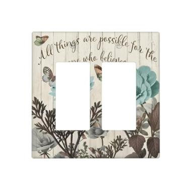 Imagem de Citações motivacionais florais rústicas azul-petróleo e tulipa marrom em madeira bege retrô duplo balancim/decoração capa de tomada 2 interruptores de luz de gangue decorativa placa de parede Gfci