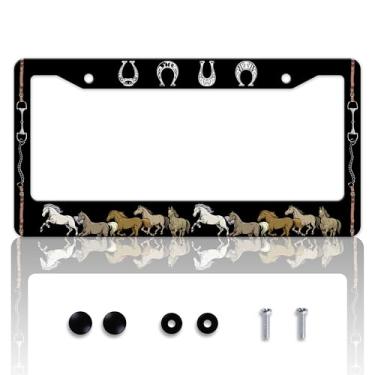 Imagem de Moldura de placa de carro de cavalo, ferradura, suporte de placa de carro personalizado, design engraçado de aço inoxidável, compatível com molduras de placa de licença padrão para EUA e Canadá, 15 x