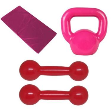 Imagem de Kit Colchonete Rosa + Par de Halter Rosa 2Kg + Kettlebell Rosa 4Kgs - 