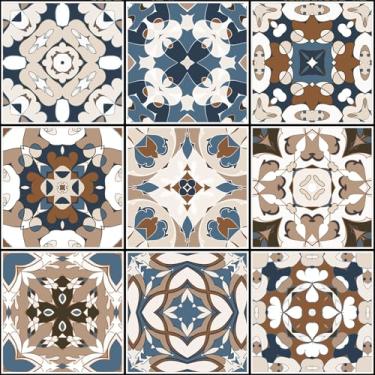 Imagem de VaryFloral Papel de parede marroquino de azulejo falso azul marrom boêmio papel de parede mexicano descascar e colar papel de contato mediterraniano vintage para gavetas de armários rolo de cobertura