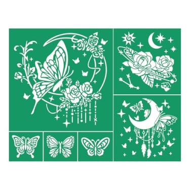 Imagem de DGAGA Estêncil autoadesivo borboleta para serigrafia, lua e estrela, estêncil, estêncil de giz, transferências reutilizáveis para pintura em madeira, camiseta de tecido, placa de fazenda