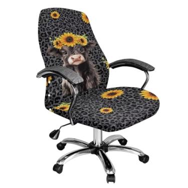 Imagem de Xorudoydet Highland Cattle Capa de cadeira de escritório com estampa de leopardo e girassol, antipoeira, para cadeira executiva giratória, capa grossa com encosto alto e parte inferior elástica - G