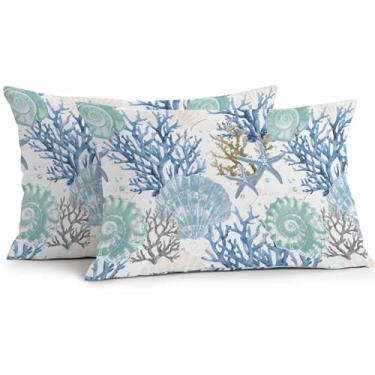 Imagem de Futuregrace Capas de travesseiro à prova d'água, pacote com 2, aquarela azul estrela-do-mar coral textura arte marinha com zíper, capas de travesseiro ideais para sofá, acampamento, pátio, decoração