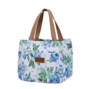 Imagem de Dreubea Sacola feminina de lona com estampa floral - Bolsa de compras pequena reutilizável para compras, para viagem, bolsa ecológica azul claro
