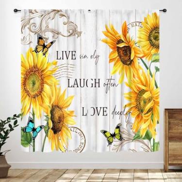 Imagem de Cortinas de cozinha florais de girassol, fundo de madeira retrô rural, cortinas de janela de girassol para sala de estar, quarto, celeiro, tratamento de painéis de nível 2, 106 x 163 cm
