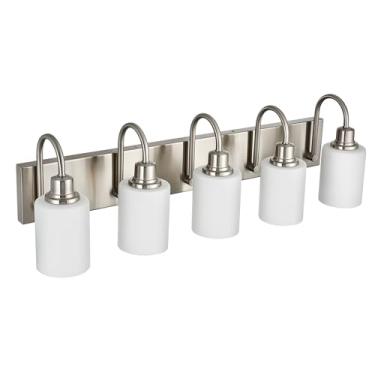 Imagem de VINLUZ Luminária De Penteadeira Com 5 Luzes, Níquel Escovado, Banheiro Sobre Espelho Cúpula Vidro Branco Opala, Luzes Modernas Parede Interna Para Mesa Maquiagem No Corredor