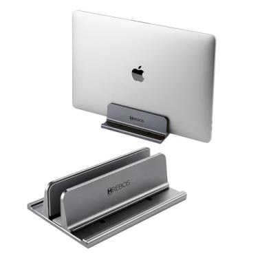 Imagem de HREBOS Premium Suporte Vertical para Notebook, Tablet, Smartphone, Compatível com MacBook, Ajustável, Alumínio Reforçado, Base Antiderrapante, Compatível com Dispositivos de 15mm a 49mm – Cor Cinza