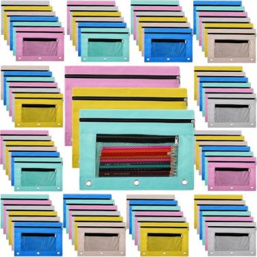 Imagem de Zhehao 100 unidades de fichário com zíper, bolsas de lápis, 3 anéis, bolsas com zíper, estojo para janela, estojo para lápis, material escolar de escritório (camada de couro, cor macaron)