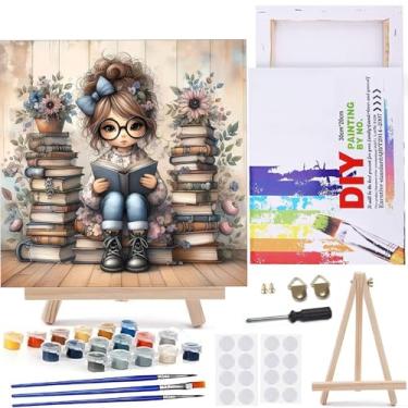 Imagem de MaiMMaledy Kit de pintura por números para adultos iniciantes com imagens em tela emoldurada, pintura de desenho, pigmento acrílico com cavalete de triângulo de madeira, 25,5 x 25,5 cm, leitura para