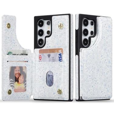 Imagem de ZCDAYE Capa carteira para Samsung Galaxy S23 Ultra com porta-cartões, couro PU fecho magnético duplo suporte moderno feminino capa feminina para Samsung Galaxy S23 Ultra, flores azuis