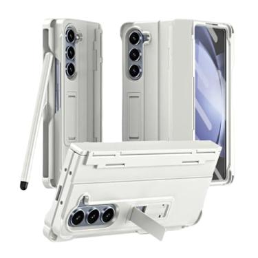 Imagem de Capa para Samsung Z Fold 5 com suporte dobrável para caneta, dobradiça lateral, compartimento para caneta, película protetora temperada (para Samsung Z Fold 5/branca)