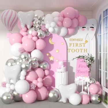 Imagem de Kit de balões de festa de 138 peças - Balões de látex branco, rosa pastel e prata (12,7 cm, 25,4 cm, 45,7 cm) e balões brancos de folha de dente - Decorações com tema odontológico para aniversários