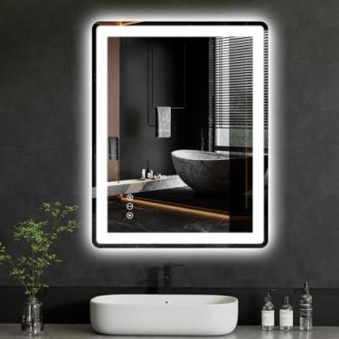 Imagem de miskerm Espelho LED 24x32 para banheiro, espelho retangular arredondado com retroiluminado + iluminação frontal, espelho de banheiro com luzes, antinevoeiro, regulável, espelho de vaidade iluminado