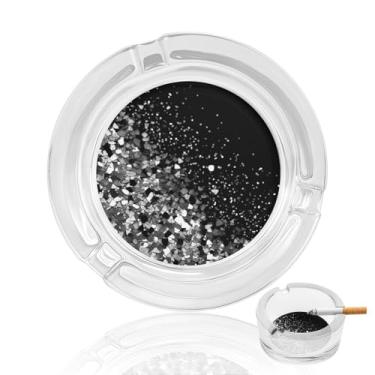 Imagem de Cinzeiro de vidro de cristal preto e branco com glitter, redondo, resistente, cinzeiro para fumar, portátil, decorativo, moderno, para uso em casa, escritório, interior, exterior, pátio