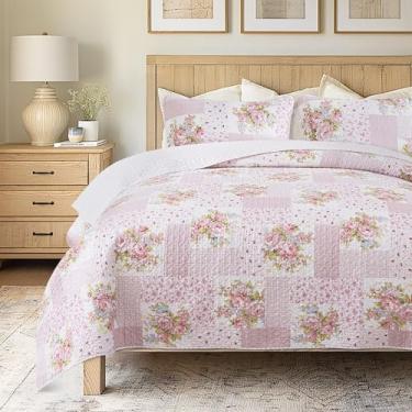 Imagem de Soul & Lane Conjunto de colcha de algodão – King Size e 2 fronhas, conjunto de cama de patchwork floral rosa com estampa de flores estéticas e chiques, edredom acolchoado leve para todas as estações