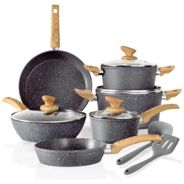 Imagem de Jogo de Panelas e Frigideiras em Granito com Revestimento Antiaderente de Indução, 12 Peças, KITCHEN, Cinza
