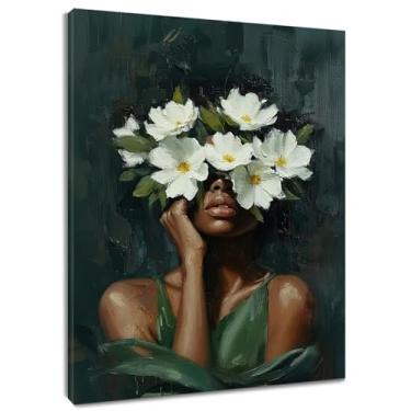 Imagem de HVEST Arte de parede feminina afro-americana preta e floral branca em tela abstrata verde arte de parede estética moderna mulher negra decoração de parede para quarto sala de estar dormitório