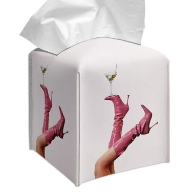 Imagem de Grace Yonks Linda capa quadrada de caixa de lenços - botas de salto alto rosa e design de vidro martini suporte de couro PU de 13 cm para penteadeira, mesa ou balcão de banheiro - Estojo cubo para