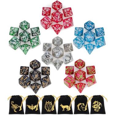 Imagem de CiaraQ Polyhedral Dice Set (42pc) with 6 Drawstring Dice Pouches for Dungeons and Dragons RPG MTG Table Games. 6 Sets of Plum Blossom Pattern Role Playing Dice