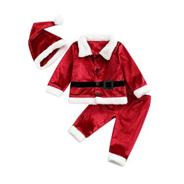 Imagem de Nicoxijia Fantasia de Natal para bebê Papai Noel, jaqueta de veludo de manga comprida + calça comprida + chapéu de Natal roupas cosplay (vermelho, 12 a 18 meses)