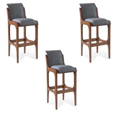 Imagem de Kit 3 Banquetas Alta Madeira Maciça Pedri Linho Cinza/Imbuia