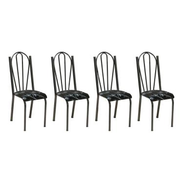 Imagem de Kit 4 Cadeiras de Cozinha Alasca Estampado Preto Florido Pés de Ferro Cromo Preto - Pallazio