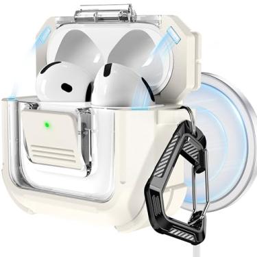 Imagem de RFUNGUANGO Capa protetora compatível com AirPods 4ª geração, compatível com Magsafe, trava automática magnética, com kit de limpeza, adequada para capa protetora Airpods 4 (2024) - cinza deserto