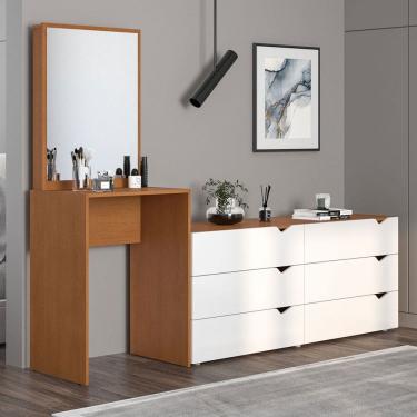 Imagem de Cômoda Porto 6 Gavetas com Espelho Branco/Freijó - Politorno