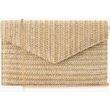 Imagem de Venoline Bolsa clutch de palha de verão para mulheres, elegante bolsa transversal de praia, bolsa boho para noite, Bege escuro, Large
