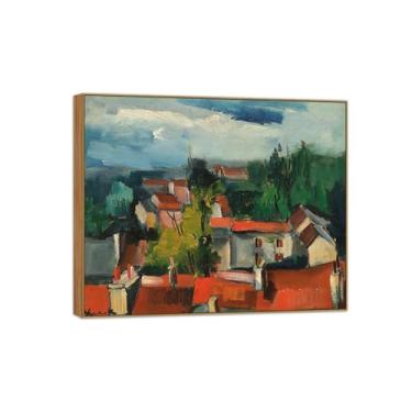 Imagem de BMZFYBS Pôster e impressões de arte famosa da paisagem - Imagem de decoração de parede em tela - Telhados vermelhos - Pintura de moldura de madeira para casa 50 x 60 cm 20 x 24 pol