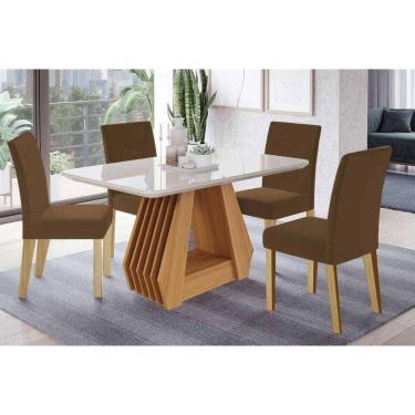 Imagem de Conjunto: Mesa de Cozinha Ágata Tampo Madeirado c/ Vidro 130x80cm e 4 Cadeiras Maia Cinamomo/Off White - Suede Mascavo Chocolate - Cimol
