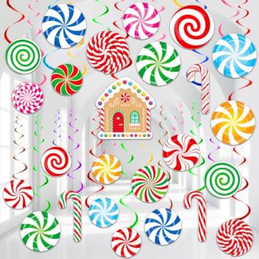 Imagem de Conjunto de decoração de redemoinhos pendurados com tema de doces de Natal, pirulito colorido de hortelã-pimenta e flâmulas espirais de bengala de doces com casa de gengibre para festa, chá de bebê