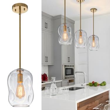 Imagem de Iluminação pendente de cozinha sobre ilha pacote com 3, luzes pendentes douradas de vidro moderno luminária suspensa de teto com altura de 24,4 cm transparente orgânico espesso de sombra de vidro para
