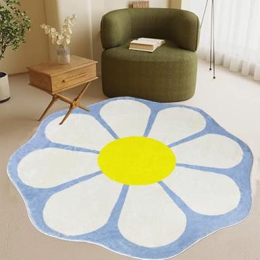 Imagem de Tapete redondo de flores fofas, antiderrapante, círculo, macio, fofo, tapete para uso interno, para quarto de meninas, banheiro, sala de estar, sofá, decoração de berçário (azul, 1,2 m)